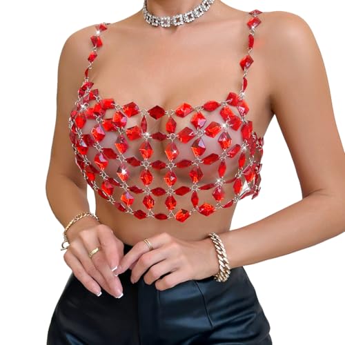 Rhinestones Body Chain Suit Silver Crystal Bikini Bra Underwear Sexy Sparkly Party Body Jewelry Accessories for Women - color: Red