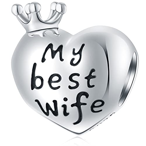 GEMDAZZ 925 Sterling Silver Valentines Day Charms Heart Charms, I Love You to The Moon and Back Pendant, Cupid Arrow and 4 Leaf Clover Beads fit European Bracelets, Gift for Lover/Wife/Girls - color: My Best Wife Charm