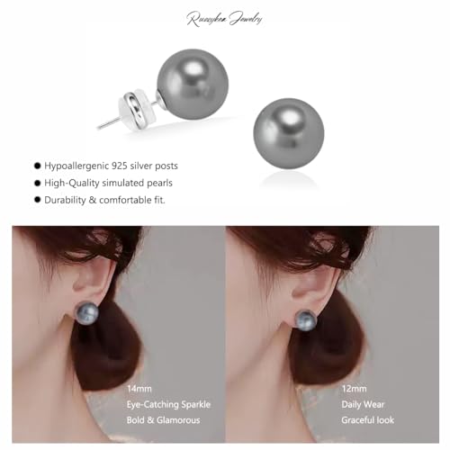 Trendy Big Simulated Pearl Earrings for Women, 925 Sterling Silver Post 14/12MM Oversized Large Pearl Studs Bride Bridesmaid Prom Wedding Earrings Jewelry Gifts - color: Grey, size: 14MM