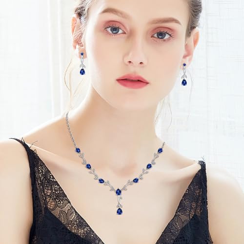 Jewelry Set for Women, Necklace Dangle Earrings Bracelet Set with White AAA Cubic Zirconia, Allergy Free Wedding Party Jewelry for Bridal Bridesmaid - color: Necklace+Earrings+Bracelet-blue