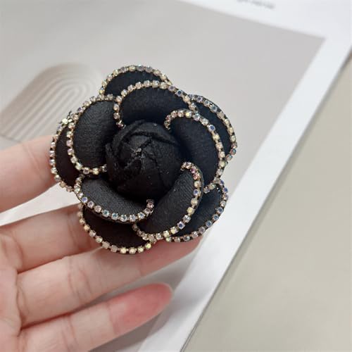 Dainty Crystal Camellia Flower Brooch Pin for Women Rhinestone Fabric 3D Floral Blossom Brooches Lapel Hair Pins Elegant Wedding Anniversary Dress Accessories Jewelry Gift 6.5cm/2.5in - color: Black