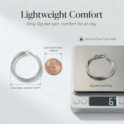 18K Gold Plated Crossover Double Hoop Earrings, 40mm Big Hoops | 925 Sterling Silver Post, Criss Cross X-Shape Loop, Lightweight Chunky Stackable, Everyday Trendy Statement Jewelry for Women - color: Silver