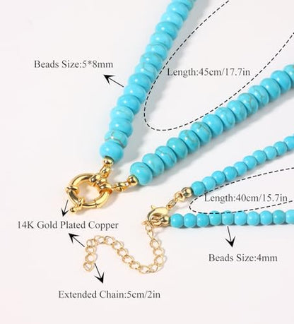 CASDAN 2Pcs Natural Gemstone Beaded Choker Necklaces for Women | Boho Colorful Beads Choker,Natural Stone Surfer Beach Necklaces,Handmade Summer Jewelry,Charm Trendy Necklaces - color: Sky blue