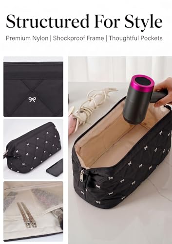 TeeYee Nylon Hair Tools Travel Bag for Dyson Airwrap Quilted Toiletry Bag | Travel Storage Bag for Shark Flexstyle/Curling Iron,Water-repellent,Wide-open,Well-structured,Heat-safe lining,001blackbow - color: Blackbow