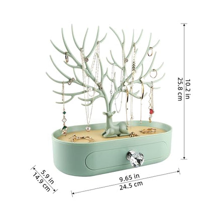 MORE&LESS Antlers Jewelry Display Stand with Drawer and Crystal Handle, Tree Tower Rack Hanging Organizer for Ring Earrings Necklace Bracelet - color: C Matcha Green-Drawer-Crystal Handle