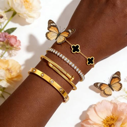Gold Bracelets for Women, 18K Gold Plated Women Tennis Bracelets Clover Nail Love Bangle Bracelet Set, Gold Bracelet Stackable Set Trendy Jewelry, Gifts for Women's Day and Mother's Day - color: 10-Color- 4 Black