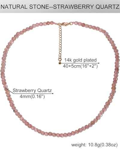 Simple 4mm Gemstones and Crystals Choker Necklace Unisex 16"-18" | Necklaces for Women Men, Adjustable, 40-45 cm Chain Length, Handmade, Spiritual Gemstones, Positive Energy, Daily Wear - style: Strawberry Quartz