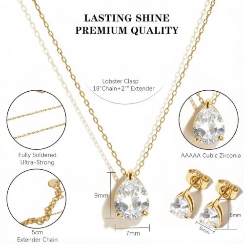5A Cubic Zirconia Hypoallergenic Necklace and Earrings Set for Women, Dainty Stainless Steel Teardrop Solitaire Jewelry Sets Gift for Her - color: Gold