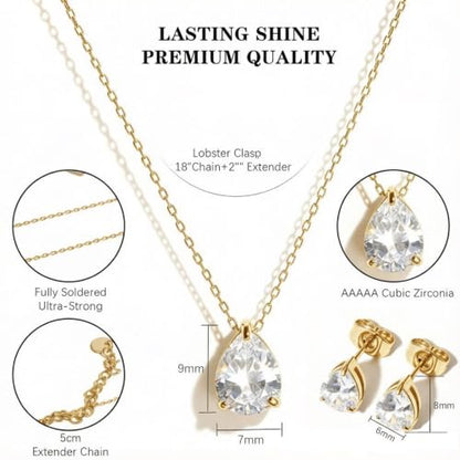 5A Cubic Zirconia Hypoallergenic Necklace and Earrings Set for Women, Dainty Stainless Steel Teardrop Solitaire Jewelry Sets Gift for Her - color: Gold