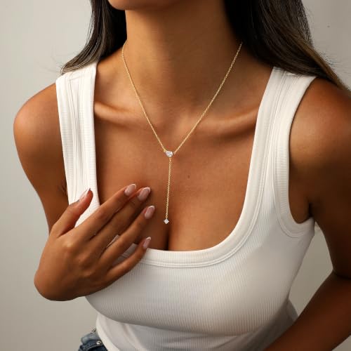 Lariat Gold Necklace for Women Dainty Long Necklaces 14k Gold Plated CZ Y Drop Chain Necklace Trendy Gold Jewelry Gifts - color: 1 Teardrop Zircons-Y Necklace-gold-396