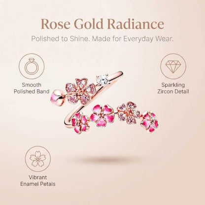Peach Blossom Ring, Pink Adjustable Flower Open Crystal Rings for Women, Dainty Floral Rings for Vacation, Wedding - color: Pink