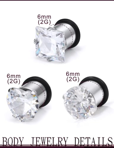 Jenxnjsjo 14g to 7/8in Ear Gauges Plugs Tunnels Taper Earrings Stretching Expander Kit Set for Women Men - color: 061: Cubic Zirconia, Clear, 3Pairs, size: 2g (6mm)