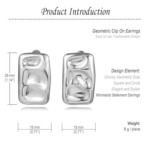 REELMAR Chunky Geometric Clip On Earrings for Women Trendy Gold-Plated Thick Hammered Rectangle Dupes Earrings Minimalist Statement Earrings No Piercing Clips - color: Square-Silver
