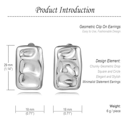 REELMAR Chunky Geometric Clip On Earrings for Women Trendy Gold-Plated Thick Hammered Rectangle Dupes Earrings Minimalist Statement Earrings No Piercing Clips - color: Square-Silver