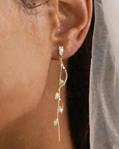 14K Gold Plated/Sterling Silver CZ Pearl Drop Dangle Earrings for Women - color: Gold-Tassel CZ