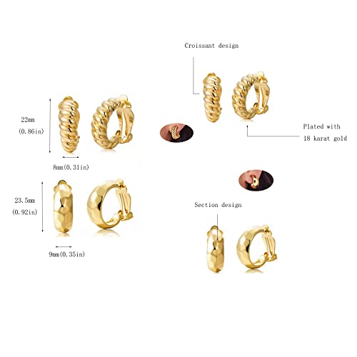 Clip on Earrings Women, 14K Gold Hoop Clip-On Earrings for Women, Hypoallergenic Non Pierced Croissant Earrings - color: Gold Clip Hoops