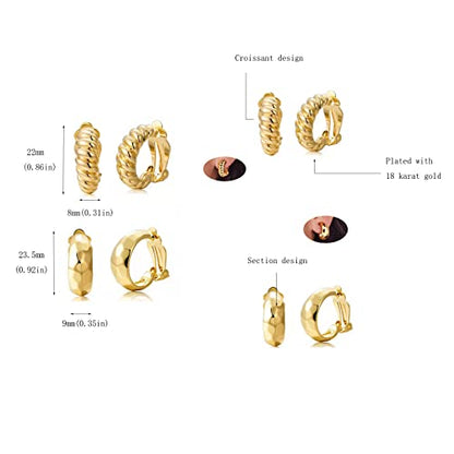 Clip on Earrings Women, 14K Gold Hoop Clip-On Earrings for Women, Hypoallergenic Non Pierced Croissant Earrings - color: Gold Clip Hoops