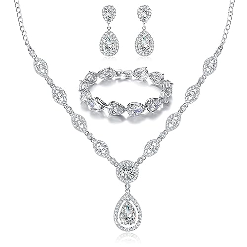 GULICX AAA Cubic Zirconia CZ Silver Plated Base Women's Party Jewelry Set Earrings Pendant Necklace - color: White Set