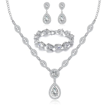 GULICX AAA Cubic Zirconia CZ Silver Plated Base Women's Party Jewelry Set Earrings Pendant Necklace - color: White Set
