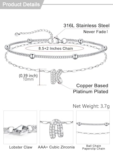 U7 Initial Ankle Bracelets for Women Silver/Gold Anklets Waterproof, 14K Gold Plated Layered Anklets Bracelet Stainless Steel Hypoallergenic 8.5"-10.5" - color: Silver-CZ, size: K