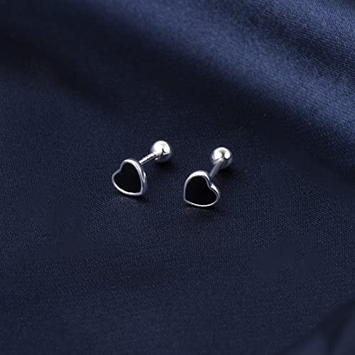 JSGEMSLEE Hypoallergenic 925 Sterling Silver Stud Earrings for Women With Screw Back Small Butterfly Heart Flower Earrings for Girls Tragus Cartilage Jewelry Gifts - color: Black Heart