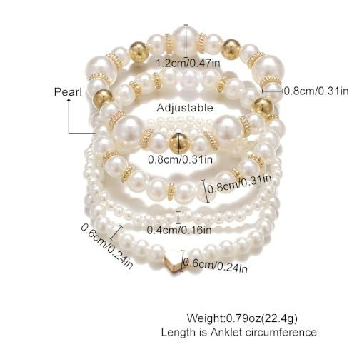 4Pcs Pearl Beaded Bracelet Set, Stackable Elastic Bracelets with Gold Heart, Elegant Faux Pearl Jewelry Gifts for Women