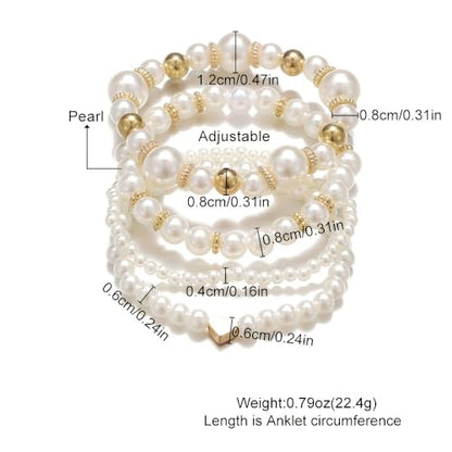 4Pcs Pearl Beaded Bracelet Set, Stackable Elastic Bracelets with Gold Heart, Elegant Faux Pearl Jewelry Gifts for Women