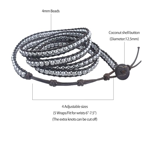Genuine Stone Wrap Bracelets for Women Natural Crystal Beaded Wrap Bracelet 2/3/5 Adjustable Bohemian Bracelets Jewelry Gifts for Women Mom - color: hematite(5 wraps)