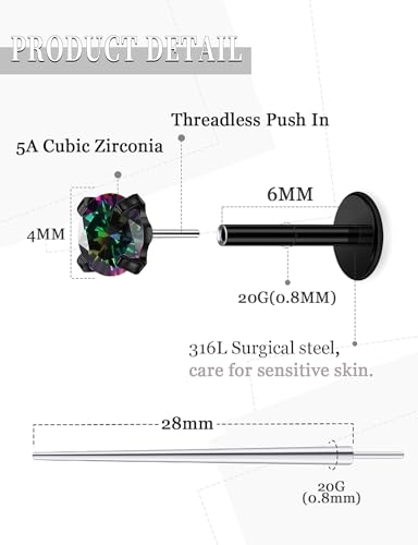 20G 18G 16G Threadless Nose Rings Studs Flat Back Earrings Surgical Stainless Steel CZ Nose Rings Stud Tragus Helix Conch Cartilage Earrings Stud Piercing Jewelry For Women Men Hypoallergenic - color: Black-Rainbow CZ, size: 20 Gauge-6mm Bar-4mm CZ