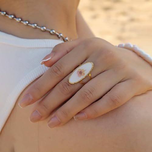 Hebelee Handmade Dried Flower Statement Ring for Women | Gold-Toned Stainless Steel,Adjustable,Pressed Blossom Forget-Me-Not Flowers Open Band Rings,Wedding Holiday Jewelry - color: Oval
