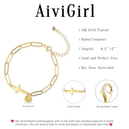 Gold Bracelets for Women,14K Gold-Plated Dainty A-Z Letter Cross Initial Bracelet for Women, Hypoallergenic Paperclip Chain Bracelets Fashion Accessories Religious Christian Gift - color: G
