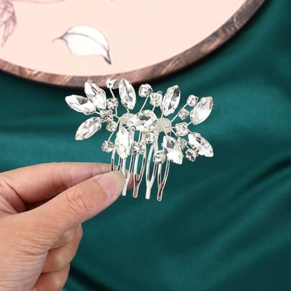 2 Pcs Crystal Bride Wedding Hair Comb, Silver Rhinestone Silver Bridal Side Comb Bridal Hairpieces Bridesmaid Clips Accessories, Silve-Bridal-Headpiece Wedding Hair Piece for Women and Girls