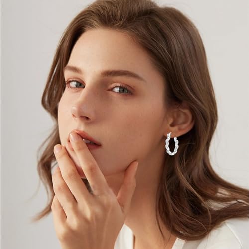 Parmuz 925 Sterling Silver Earrings Hoops for Women Ladies Simple Lightweight Twisted Medium Hoop Earrings With Cubic Zirconia Hypoallergenic Jewelry for Her - color: Twisted earring