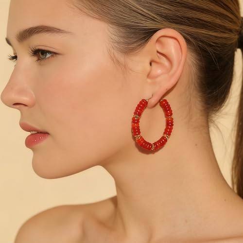 Wellike Beaded Hoop Earrings for Women Natural Stone Pink Gold Huggie Earrings Hypoallergenic Dainty Waterproof Trendy Jewelry - color: Red, size: 45mm