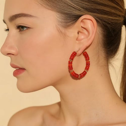 Wellike Beaded Hoop Earrings for Women Natural Stone Pink Gold Huggie Earrings Hypoallergenic Dainty Waterproof Trendy Jewelry - color: Red, size: 45mm