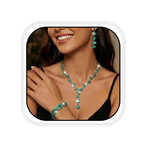Silver Wedding Jewelry Sets Rhinestone Necklace Earrings Bracelet Set Prom Formal Costume Jewelry for Women and Brides - color: Green