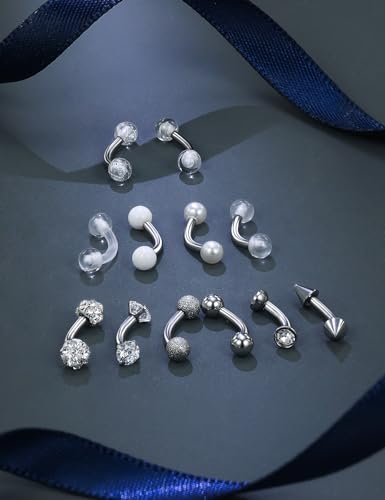 Jenxnjsjo 16g 6/8/10mm Eyebrow/Rook/Snug/Vertical-Labret/VCH/Snake-Eyes/Anti-Tragus/Christina/Daith/Belly-Button/Bridge/Hood/Surface Curved Barbell Piercing Jewelry for Women Men - color: 12PCS, Surgical-Steel, size: 6mm