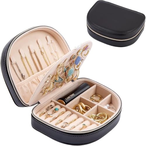 ProCase Travel Size Jewelry Box, Medium Portable Seashell-Shaped Jewelry Case, 2 Layer Jewelry Organizer in PU Leather for Women -Black - color: Black, size: Medium - No Mirror