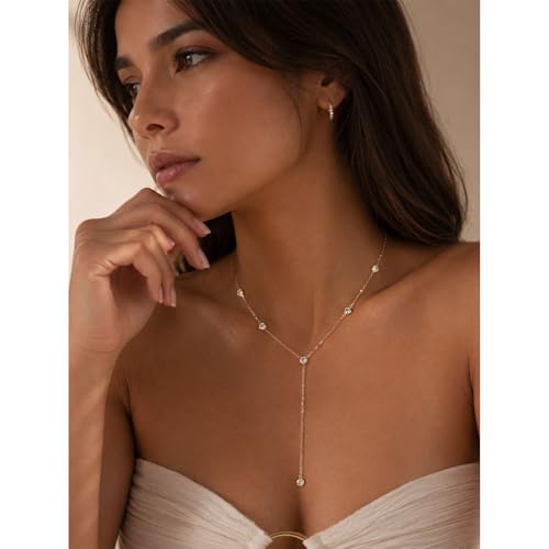 Lariat Gold Necklace for Women, 14K Gold Plated Dainty Drop Y Necklace, Waterproof Non Tarnish Long Layered Beaded Chain Lariat Necklace Prom Jewelry Summer Vacation Gift for Her - color: gold-8