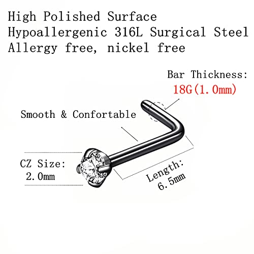 316L Surgical Steel 22g/20g/18g Nose Rings Studs L-Shape Nose Nostrial Piercing Body Jewerly L Shaped Nose Studs 1.5mm 2mm 2.5mm 3mm CZ Nose Screw Studs Rings for Women - style: 6pcs/L-shape/18g/2.0mm Clear CZ/Black