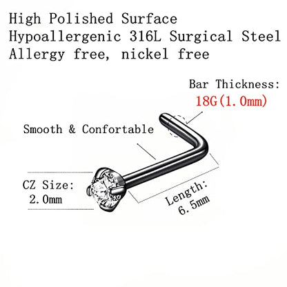 316L Surgical Steel 22g/20g/18g Nose Rings Studs L-Shape Nose Nostrial Piercing Body Jewerly L Shaped Nose Studs 1.5mm 2mm 2.5mm 3mm CZ Nose Screw Studs Rings for Women - style: 6pcs/L-shape/18g/2.0mm Clear CZ/Black