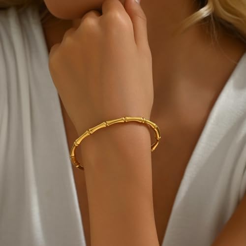 Gold Bangle for Women 18K Gold Plated Bamboo Heart Star Labyrinth Bangle Bracelets Dainty Stainless Steel Jewelry Gifts - color: Bamboo Bangle-Gold