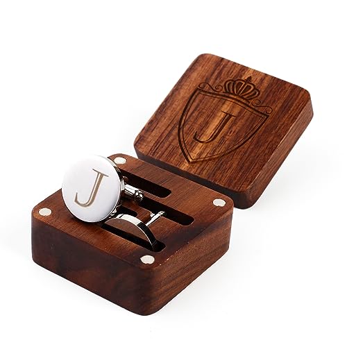 Mens Initial Silver Cufflinks A-Z Alphabet Letter Steel Cuff Links with Engraved Walnut Wood Box Groom Groomsman Wedding Set… - style: J