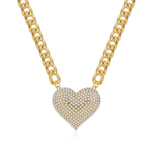 Gold Cuban Link Chain Necklace with Red Crystal Heart Pendant, Statement Chunky Curb Link Chain，Fashion Jewelry for Women - color: White