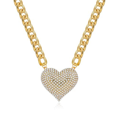 Gold Cuban Link Chain Necklace with Red Crystal Heart Pendant, Statement Chunky Curb Link Chain，Fashion Jewelry for Women - color: White