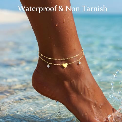 Gold/Sterling Silver Anklet Bracelets for Women Waterproof, Non Tarnish 925 Sterling Sliver Plated Heart Evileye Butterfly Charm, Dainty Summer Beach Anklets for Women, Beach Vacation Bikini Outfits for Her Mom - style: Heart-Gold