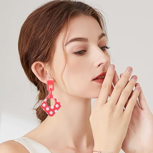 Handmade Lightweight Retro Polka Dot Square Hollow Round Dangle Drop Earrings Unique Chic Resin Geometric Stud Earrings For Women - style: Pink Chain