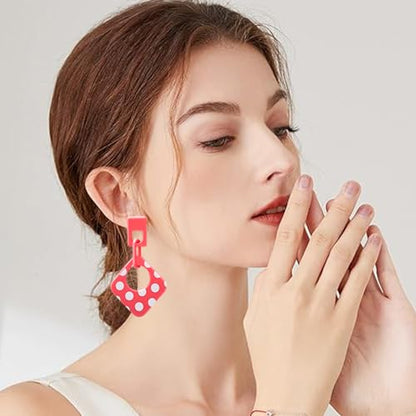 Handmade Lightweight Retro Polka Dot Square Hollow Round Dangle Drop Earrings Unique Chic Resin Geometric Stud Earrings For Women - style: Pink Chain