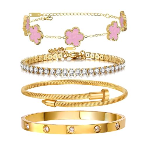 Gold Bracelets for Women, 18K Gold Plated Women Tennis Bracelets Clover Nail Love Bangle Bracelet Set, Gold Bracelet Stackable Set Trendy Jewelry, Gifts for Women's Day and Mother's Day - color: 02-Color-pink