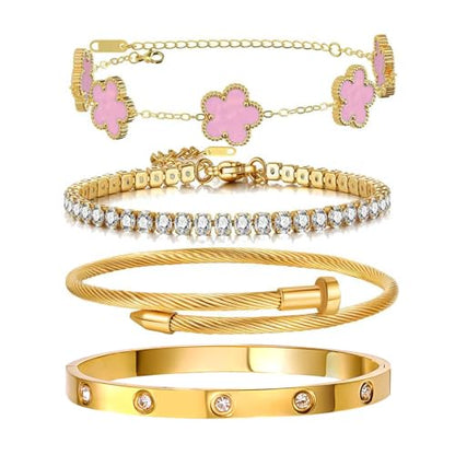 Gold Bracelets for Women, 18K Gold Plated Women Tennis Bracelets Clover Nail Love Bangle Bracelet Set, Gold Bracelet Stackable Set Trendy Jewelry, Gifts for Women's Day and Mother's Day - color: 02-Color-pink